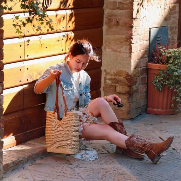 Women's Khaki - Boho Woven Tote Purse For Vacation Crochet Beach Shoulder Bag - Picture 7 of 8